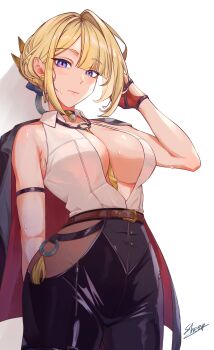 1girl absurdres arm_strap between_breasts black_choker black_jacket black_pants blonde_hair blush breasts choker closed_mouth clothes_between_breasts commentary cowboy_shot earrings evelyn_chevalier gloves half_gloves hand_up high-waist_pants highres jacket jacket_on_shoulders jewelry large_breasts looking_at_viewer mole mole_under_eye necktie necktie_between_breasts pants partially_unbuttoned purple_eyes ring_hair_ornament sheep_4art shirt simple_background single_half_glove sleeveless sleeveless_shirt solo sweat untranslatable_commentary white_background white_shirt yellow_necktie zenless_zone_zero