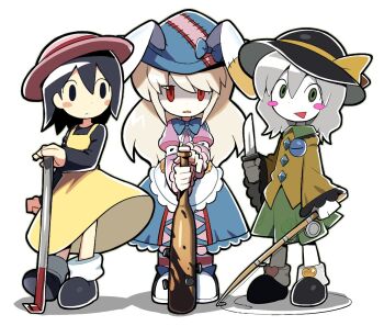 Rule 34 | 3girls, andou natsumi, animal ears, apron, baseball bat, black hat, black outline, black shoes, blonde hair, blue bow, blue bowtie, blue dress, blue eyes, blue hair, blue hat, blush stickers, bow, bowtie, closed mouth, collared shirt, colored skin, commentary, crowbar, dress, empty eyes, english commentary, expressionless, fishing rod, frilled apron, frills, green eyes, green skirt, grey hair, hat, hat bow, heart, holding, holding baseball bat, holding crowbar, holding fishing rod, holding knife, holding weapon, irisu kyouko, irisu shoukougun!, knife, koishi komeiji's heart-throbbing adventure, kokum0tsu, komeiji koishi, long hair, long sleeves, looking at viewer, multiple girls, natsumi step!, open mouth, outline, pinafore dress, pink dress, pink hat, rabbit ears, red eyes, shaded face, shirt, shoes, simple background, skirt, sleeveless, sleeveless dress, striped clothes, striped thighhighs, thick outlines, thighhighs, third eye, touhou, trait connection, triangle mouth, weapon, white apron, white background, white skin, witch hat, yellow bow, yellow dress, yellow shirt