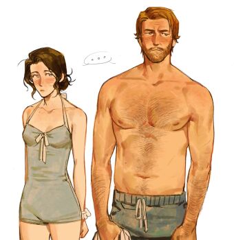 ... 1boy 1girl :&lt; alternate_costume arm_hair arms_behind_back arthur_morgan beard belle_(kunnuscumnus) blonde_hair blue_eyes blue_male_swimwear blue_one-piece_swimsuit blush brown_hair chest_hair collarbone commentary confused contemporary cowboy_shot english_commentary facial_hair green_eyes hair_bun halterneck height_difference hetero highres holding holding_towel kunnuscumnus looking_at_another looking_to_the_side male_swimwear mature_male mole mole_on_collarbone mole_on_stomach mole_under_eye multiple_scars nipples no_sclera one-piece_swimsuit original red_dead_redemption_(series) red_dead_redemption_2 scar scar_on_arm scar_on_chest scar_on_stomach scrunchie shared_speech_bubble side_part simple_background single_hair_bun speech_bubble standing stomach_hair swimsuit towel very_low_bun wavy_ends white_background white_scrunchie wrist_scrunchie