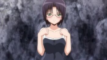 Rule 34 | 1girl, animated, anime screenshot, blush, breasts, clothes pull, competition swimsuit, covered navel, crossed arms, glasses, green eyes, highres, large breasts, looking at viewer, naughty face, nipples, one-piece swimsuit, one-piece swimsuit pull, presenting, purple hair, seductive gaze, seductive smile, short hair, smile, soga kaede, solo, sound, sweet home, swimsuit, tagme, undressing, video