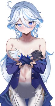 1girl absurdres ahoge black_gloves blue_eyes blush breasts furina_(genshin_impact) genshin_impact gloves heterochromia highres looking_at_viewer medium_hair navel siegs_wurm simple_background small_breasts solo standing white_background white_gloves