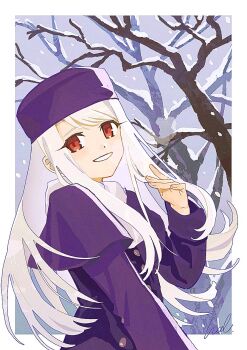Rule 34 | 1girl, artist name, border, buttons, coat, commentary, eyelashes, fate/stay night, fate (series), fur hat, grey sky, hair over shoulder, hal (haaaalhal), hand up, hat, highres, illyasviel von einzbern, layered sleeves, long hair, long sleeves, looking at viewer, outside border, papakha, parted bangs, parted lips, purple coat, purple hat, red eyes, scarf, short sleeves, sidelocks, signature, sky, smile, snow, snowing, solo, symbol-only commentary, tree, trench coat, upper body, very long hair, white border, white hair, white scarf, wide sleeves