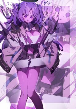 1girl absurdres bar_censor bare_legs black_gloves blue_archive breasts breasts_out censored closed_mouth commentary gloves hair_between_eyes hand_up highres jacket long_hair looking_down open_clothes purple_eyes purple_theme smile standing to_(tototo_tk) twintails very_long_hair yuuka_(blue_archive)