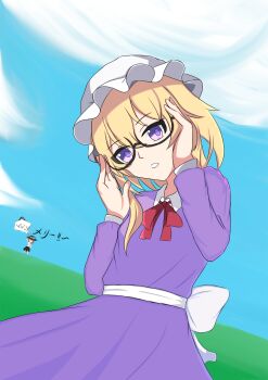 2girls adjusting_eyewear back_bow black-framed_eyewear black_hat black_skirt blonde_hair bow brown_hair cloud collared_dress commentary contrast_collar day dress glasses grass hat hat_bow highres long_sleeves looking_at_viewer maribel_hearn medium_hair mob_cap multiple_girls neck_ribbon necktie open_mouth oppo114514 purple_dress purple_eyes red_necktie red_ribbon ribbon shirt skirt sleeve_cuffs solo_focus standing touhou translated usami_renko variant_set waving white_bow white_hat white_shirt