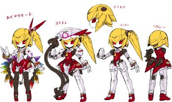 1girl android crossover flandre_scarlet holding holding_weapon humanoid_robot joints kusanagi_kaoru mechanical_dress mechanical_hair mechanization medarot metal_hair metal_skin multiple_views red_eyes reference_sheet robot robot_girl robot_joints solo standing touhou turnaround variations weapon white_background
