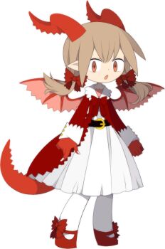 1girl belt blonde_hair colored_extremities demon_girl dress funamusea funamusea_(style) hair_ornament hair_ribbon horns looking_at_viewer official_art pantyhose pink_eyes poemi_(funamusea) pointy_ears red_hands red_horns red_ribbon red_shoes red_tail red_wings ribbon shoes tail twintails white_background white_nails white_pantyhose wings
