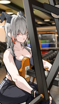 1girl :o absurdres ahoge black_gloves black_horns black_pants black_sports_bra blurry blurry_background breasts cleavage collarbone commentary curled_horns english_commentary exercising fingerless_gloves gloves grey_eyes grey_hair gym highres horns indoors large_breasts long_hair looking_at_viewer multicolored_eyes open_mouth pants photo_background red_eyes ryeon_(naturesan) solo sports_bra toned toned_female two-tone_eyes watch wristwatch wuthering_waves zani_(wuthering_waves)