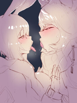 2girls absurdres after_kiss amiya_(arknights) animal_ears arknights barbed_tongue blush braid closed_eyes half-closed_eyes highres hitobashira_(1746164306) kiss_focus limited_palette lips long_hair long_tongue looking_at_another multiple_girls open_mouth pramanix_(arknights) rabbit_ears rabbit_girl saliva saliva_trail short_hair size_difference sketch snow_leopard_ears snow_leopard_girl sweat tongue tongue_out turtleneck yuri
