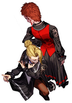 2girls blonde_hair breasts brown_hair cleavage clothes_grab clothes_lift dress earrings floral_print formal_clothes from_behind hungry_clicker jewelry kneeling long_hair long_sleeves mature_(kof) medium_breasts multiple_girls pantyhose secretary see-through_clothes shoes short_hair skirt skirt_lift smile standing suit the_king_of_fighters thick_thighs thighs vice_(kof) wide_hips
