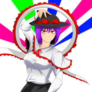 Rule 34 | 1girl, black hat, black skirt, blush, bow, closed mouth, collared shirt, commentary request, hagoromo, hand on own hat, hat, hat bow, hidaruma, long sleeves, nagae iku, purple hair, red bow, red eyes, shawl, shirt, shirt tucked in, skirt, smile, solo, touhou, white shirt