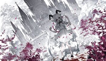 1girl absurdres black_ribbon blood blood_on_clothes blood_on_ground chinese_commentary commentary_request commission doll_joints dress fangs full_body hair_between_eyes highres joints long_hair low_wings neck_ribbon open_mouth original outdoors red_eyes ribbon short_sleeves smile solo torn_wings vihua6 w_arms white_dress white_hair white_wings wings