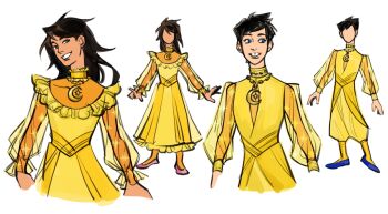 Rule 34 | 1boy, 1girl, adapted costume, black hair, blue eyes, blue shoes, brother and sister, brown hair, choker, commentary, crescent, crescent necklace, dark skin, dress, english commentary, frilled choker, frilled dress, frills, gold, gold necklace, green eyes, high collar, homestuck, jade harley, jewelry, john egbert, long dress, long hair, long sleeves, looking at viewer, multiple views, necklace, pink shoes, print sleeves, puffy long sleeves, puffy pants, puffy sleeves, see-through clothes, see-through skirt layer, see-through sleeves, shoes, short hair, siblings, simple background, sketch, smile, star (symbol), star print, teardew, tooth gap, white background, yellow dress