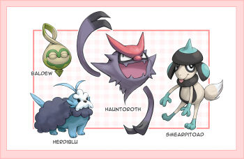 baltoy black_eyes border bright_pupils budew character_name closed_eyes closed_mouth commentary fang fusion gen_1_pokemon gen_2_pokemon gen_3_pokemon gen_4_pokemon gen_5_pokemon haunter herdier kazuko_(towa) nintendo palpitoad pokemon skin_fang slakoth smeargle smile swablu tongue tongue_out white_pupils