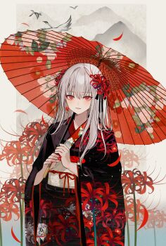 1girl absurdres bird black_kimono black_ribbon blush chiemo_(xcem) cowboy_shot crane_(animal) earrings floral_print floral_print_kimono flower flower_earrings grey_hair hair_ribbon highres holding holding_umbrella japanese_clothes jewelry kimono long_hair long_sleeves looking_at_viewer mountain obi oil-paper_umbrella original parted_lips petals print_kimono red_eyes red_flower red_ribbon ribbon sash smile solo spider_lily umbrella wide_sleeves