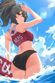 Rule 34 | 1girl, absurdres, arm up, ass, bikini, black bikini, black hair, blue sky, blush, breasts, cloud, cloudbear, covering head, crop top, day, from below, highres, holding, holding surfboard, large breasts, lifeguard, looking at viewer, parted lips, ponytail, red eyes, red sports bra, sky, solo, splashing, sports bra, sunlight, surfboard, swimsuit, torpedo buoy, wading, water, wet, zenless zone zero, zhu yuan
