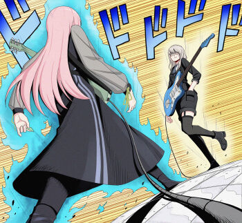 Rule 34 | 2girls, anglediana, bang dream!, bang dream! it's mygo!!!!!, black dress, black footwear, black jacket, black shorts, black thighhighs, blue necktie, cable, chihaya anon, chinese commentary, closed mouth, commentary request, crossover, dress, electric guitar, fender jazzmaster, garter straps, girls band cry, grey hair, guitar, hand in pocket, highres, instrument, instrument connection, jacket, jojo no kimyou na bouken, kawaragi momoka, long hair, long sleeves, menacing (jojo), multiple girls, necktie, pink hair, shorts, striped clothes, striped necktie, thighhighs, three-quarter sleeves, tie clip