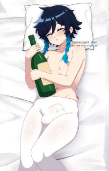 1boy :o ^_^ absurdres alcohol androgynous bed_sheet bottle braid braided_sidelocks bulge closed_eyes commentary double-parted_bangs english_commentary erection erection_under_clothes feet_out_of_frame flipped_hair genshin_impact gradient_hair groin hair_between_eyes hand_up highres holding holding_bottle lying male_focus midnight_rian multicolored_hair navel nipples on_back on_bed pantyhose parted_lips puffy_male_chest short_hair_with_long_locks sidelocks solo stomach topless_male trap twitter_username two-tone_hair venti_(genshin_impact) watermark white_pantyhose