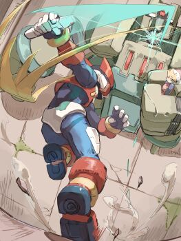 absurdres armor battle blonde_hair ciel_(mega_man) commentary_request energy_sword golem_(mega_man) helmet highres holding holding_sword holding_weapon long_hair mega_man_(series) mega_man_zero_(series) mega_man_zero_1 omochi_(mochi_skymega) red_armor red_helmet robot sword weapon z_saber zero(z)_(mega_man) zero_(mega_man)