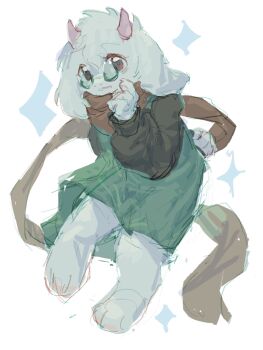 1boy animal_ears animal_feet brown_sleeves commentary_request deltarune dou_jiao_bei_w full_body furry furry_male glasses goat_boy goat_ears goat_horns green-framed_eyewear green_robe highres horns open_mouth orange_eyes orange_scarf pink_horns ralsei robe round_eyewear scarf simple_background utdr_(toby_fox) white_background white_fur