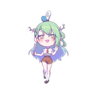 Rule 34 | 1girl, absurdres, antlers, arm at side, black shoes, braid, braided bangs, brown shorts, ceres fauna, collared shirt, commentary, cosplay, double-parted bangs, english commentary, full body, green hair, hair between eyes, hair rings, hand up, hat, highres, holding, holding spatula, hololive, hololive english, horns, kneehighs, long hair, necktie, one side up, red necktie, sher (imnotsher), shirt, shoes, short necktie, shorts, side up ring, simple background, single hair ring, socks, solo, spatula, spongebob squarepants, spongebob squarepants (cosplay), spongebob squarepants (series), virtual youtuber, white background, white hat, white shirt, white socks, yellow eyes