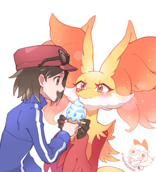 1boy blue_jacket blush calem_(pokemon) casteliacone commentary_request delphox eye_contact eyewear_on_headwear food gen_6_pokemon hand_up hat highres holding ice_cream ice_cream_cone jacket long_sleeves looking_at_another male_focus nintendo open_mouth pokemon pokemon_(creature) pokemon_xy red_hat sunglasses teeth turtleneck turtleneck_jacket upper_teeth_only white_background yan531