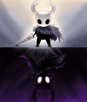 2others absurdres black_skin colored_skin commentary darkness english_commentary grey_cloak highres holding holding_weapon hollow_eyes hollow_knight horned_mask knight_(hollow_knight) looking_at_viewer mask multiple_others nail_(hollow_knight) old_nail_(hollow_knight) shade_(hollow_knight) signature split_theme weapon white_eyes zhsigma