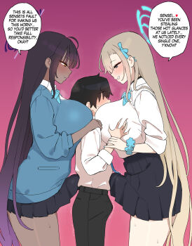 1boy 2girls absurdres age_difference asuna_(blue_archive) between_breasts bingdak black_skirt blonde_hair blue_archive blue_bow blue_bowtie blue_eyes blue_halo blue_sweater bow bowtie breast_rest breast_smother breasts breasts_on_head brown_hair bulge collared_shirt cooperative_breast_smother dark-skinned_female dark_skin dress_shirt english_text erection erection_under_clothes face_between_breasts face_to_breasts femdom from_side futa_with_male futanari girl_sandwich grabbing_another&#039;s_breast gradient_hair groping guided_breast_grab guiding_hand hair_over_one_eye half-closed_eyes halo hands_on_another&#039;s_shoulders head_between_breasts height_difference highres holding_another&#039;s_wrist karin_(blue_archive) large_breasts long_hair long_sleeves miniskirt multicolored_hair multiple_girls onee-shota paid_reward_available parted_lips pleated_skirt poking_with_penis profile purple_hair purple_halo sandwiched school_uniform seductive_smile sensei_(blue_archive) shirt skirt smile speech_bubble sweater teamwork_(sexual) traditional_bowtie very_long_hair white_shirt wing_collar yellow_eyes