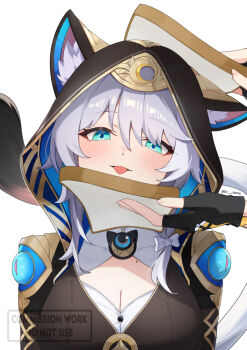1boy 1girl :p animal_ear_fluff animal_ears animal_hood blue_eyes bow bread bread_slice breasts buttons caelus_(honkai:_star_rail) cat_ears cat_girl cat_hood cat_tail charm_(object) cipher_(honkai:_star_rail) cleavage fingerless_gloves food gloves grey_hair hair_bow honkai:_star_rail honkai_(series) hood large_breasts leotard looking_at_viewer meme mole shirt tail tongue tongue_out trailblazer_(honkai:_star_rail) watermark white_streaks xsan_vanny