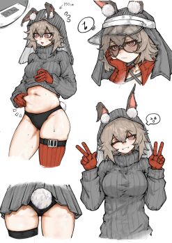 1girl absurdres animal_ear_fluff animal_ears arknights ass black_hood black_panties blush breasts brown_hair caper_(arknights) caper_(summer_flowers)_(arknights) commentary_request double_v ears_through_hood gloves hair_between_eyes highres looking_at_viewer medium_breasts mole mole_on_thigh multiple_views musical_note navel open_mouth panties rabbit_ears rabbit_girl rabbit_tail red_eyes red_gloves red_thighhighs ribbed_thighhighs short_hair simple_background single_thighhigh smile spoken_musical_note sunglasses tail thighhighs thighs underwear v visor_cap weighing_scale white_visor xingyun_mantle