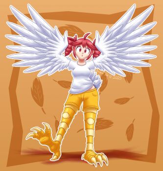 Rule 34 | 1girl, absurdres, ahoge, artist name, bird legs, birdbrain (synthesizer v), commentary, dated, drill hair, english commentary, feathers, harpy, highres, kasane teto, monster girl, monsterification, red eyes, red hair, shirt, short hair, short sleeves, shorts, solo, sorachijirachi, talons, tied shirt, twin drills, utau, white feathers, white shirt, white wings, wings, yellow shorts
