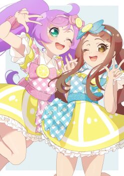 2girls :d ahoge aozora_himari aozora_himari_(cosplay) blue_background blue_bow border bow brown_hair cosplay cowboy_shot dress dress_bow ehime_nao frilled_dress frills gingham_clothes gingham_dress green_eyes hair_bow hands_up hashtag-only_commentary himitsu_no_aipri holding_hands hoshikawa_mitsuki hoshikawa_mitsuki_(cosplay) idol idol_clothes legs_apart light_blush long_hair looking_at_viewer manaka_laala medium_dress multiple_girls no_pupils ookami_nasubi open_mouth orange_nails outside_border pink_bow pink_nails pretty_series pripara purple_hair short_sleeves sidelocks smile standing standing_on_one_leg straight_hair striped_background teeth twintails upper_teeth_only white_border wrist_bow yellow_eyes