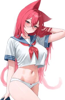 1girl absurdres animal_ears blue_eyes blush cat_ears cat_girl cat_tail commentary cowboy_shot glasses hair_between_eyes highres kono_(xerondan321) long_hair looking_at_viewer navel original panties pink_hair school_uniform serafuku shirt short_sleeves simple_background solo tail underwear white_background white_panties white_shirt