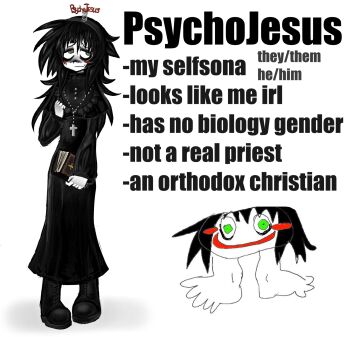 Rule 34 | 1boy, artist self-insert, bible (object), biob0t, black hair, book, character name, character profile, character pronouns, chibi, chibi inset, christianity, commentary, english commentary, english text, full body, green eyes, highres, holding, holding book, long hair, looking at viewer, looking up, original, psychojesus (biob0t), raised inner eyebrows, standing, the bible, white background