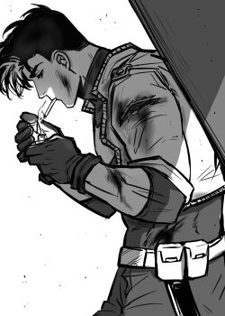 bat_signal batman_(series) batman_symbol black_bodysuit black_gloves black_hair bodysuit brown_jacket dc_comics gloves gozerdor grey_bodysuit highres jacket jason_todd male_focus multicolored_bodysuit muscular muscular_male open_mouth pants red_hood_(dc) red_hood_and_the_outlaws superhero_costume taut_bodysuit two-tone_bodysuit