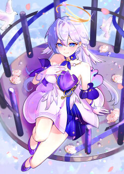1girl absurdres bare_shoulders bird birdcage blue_eyes blue_hair breasts cage commentary dove dress flower gloves halo head_wings high_heels highres honkai:_star_rail honkai_(series) large_breasts long_hair robin_(honkai:_star_rail) sitting smile solo ssamsa0404 thighs very_long_hair white_dress white_gloves white_wings wings