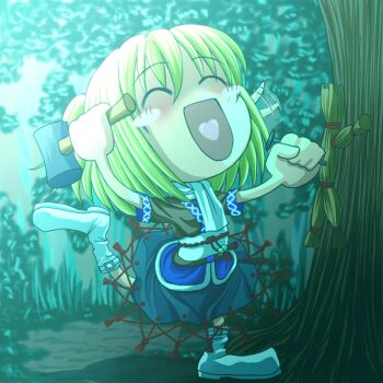 1girl :d black_skirt blonde_hair blush blush_stickers boots brown_shirt chibi chibi_only closed_eyes commentary_request ear_wiggle forest full_body heart heart_in_mouth holding holding_mallet mallet mizuhashi_parsee nail_(hardware) nature open_mouth outdoors pointy_ears sash scarf shiba_meiji shirt short_hair short_sleeves skirt smile solo straw_doll touhou ushi_no_koku_mairi white_boots white_sash white_scarf