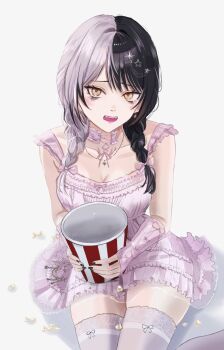 Rule 34 | 1girl, absurdres, arm warmers, black hair, black nails, bow, braid, breasts, bucket, commentary, crying, crying with eyes open, dhbwinner, english commentary, fangs, food, frilled nightgown, grey hair, hair bow, hair ornament, highres, holding, holding bucket, hololive, hololive english, jewelry, large breasts, long hair, looking at viewer, low twin braids, multicolored hair, nail polish, necklace, nightgown, official alternate costume, official alternate hairstyle, open mouth, pink arm warmers, pink bow, pink nightgown, pink thighhighs, popcorn, shiori novella, shiori novella (sleepwear), simple background, sitting, sleepwear, solo, split-color hair, star (symbol), star hair ornament, star necklace, tears, thighhighs, twin braids, two-tone hair, virtual youtuber, white background, yellow eyes