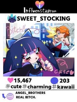 1boy 2girls absurdres blonde_hair blue_eyes blunt_bangs bow breasts brief_(psg) colored_inner_hair couple dancing drawingmuscles dress earrings english_text fake_website food freckles fruit gothic_lolita hair_bow hashtag hashtag-only_commentary heart hetero highres hoop_earrings jewelry large_breasts lolita_fashion long_hair looking_at_viewer multicolored_hair multiple_girls open_mouth orange_hair panty_&amp;_stocking_with_garterbelt panty_(psg) pink_hair profanity purple_hair red_dress selfie siblings sisters stocking_(psg) strawberry striped_clothes tuxedo two-tone_hair