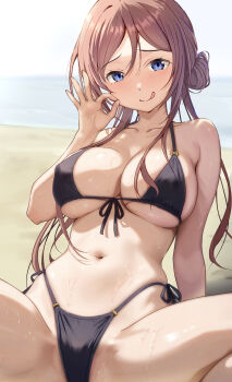 1girl beach bikini black_bikini blue_eyes breasts brown_hair closed_mouth commentary_request covered_erect_nipples cowboy_shot day fellatio_gesture front-tie_bikini_top front-tie_top gakuen_idolmaster hand_up highres himesaki_rinami idolmaster karamete19 large_breasts long_hair looking_at_viewer navel outdoors raised_inner_eyebrows seductive_smile side-tie_bikini_bottom single_bang smile solo spread_legs stomach string_bikini sweat swimsuit textless_version tongue tongue_out translation_request variant_set very_sweaty