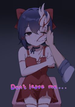 Rule 34 | 1boy, 1girl, amputee, bare arms, bare shoulders, black ribbon, blue eyes, blue hair, bow, chiimanju, closed mouth, commentary, dark blue hair, dress, english commentary, english text, hair between eyes, hair bow, hair ornament, hand on another's cheek, hand on another's face, highres, miside, mita (miside), neck ribbon, one eye closed, player character (miside), red bow, red dress, ribbon, scar, scar on arm, scar on face, tiny mita (miside), torn clothes, torn dress, x hair ornament