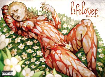 1girl album_cover_redraw artist_name blonde_hair blood blood_on_chest blood_on_leg blood_on_stomach blue_eyes completely_nude derivative_work erratas flower_censor highres lifelover_(band) lying nude on_back real_life solo thick_thighs thighs