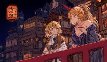 2girls absurdres against_railing arm_warmers bare_shoulders blonde_hair blue_kimono blush breasts brown_shirt building cleavage closed_mouth commentary_request cup drinking_glass green_eyes highres holding holding_cup horns hoshiguma_yuugi hoshiguma_yuugi_(kimono) japanese_clothes kimono lantern long_hair long_sleeves medium_breasts mizuhashi_parsee multiple_girls off_shoulder outdoors paper_lantern pointy_ears ponytail railing red_eyes red_horns sakazuki scarf shirt single_horn touhou vanilla_flan white_arm_warmers white_scarf wide_sleeves