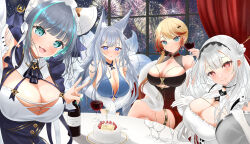 absurdres aerial_fireworks alcohol animal_ear_fluff animal_ears anniversary apron aqua_eyes aqua_nails aqua_streaks azur_lane bare_shoulders black_dress blonde_hair blue_collar blue_dress blue_eyes blush bottle breasts cake cheshire_(azur_lane) cleavage clothing_cutout cocktail_dress collar commentary_request cross-shaped_pupils crossed_legs cup curtains detached_sleeves dress drinking_glass elbow_gloves evening_gown fake_animal_ears fang feather_boa fireworks food fox_ears fox_girl framed_breasts frilled_hairband frills fruit gloves gold_thighlet gradient_clothes gradient_dress gradient_hair grey_hair hair_over_shoulder hairband halter_dress halterneck highres holding holding_cup holding_tray howe_(azur_lane) howe_(evening_marvels)_(azur_lane) huge_breasts kitsune kyuubi large_breasts large_tail leaning_forward long_hair looking_at_viewer maid_headdress multicolored_hair multiple_tails nail_polish night official_alternate_costume puffy_detached_sleeves puffy_sleeves purple_apron red_dress red_wine scylla_(azur_lane) shinano_(azur_lane) shinano_(dreams_of_the_hazy_moon)_(azur_lane) skin_fang sleeveless sleeveless_dress strawberry streaked_hair symbol-shaped_pupils tail thighlet tray tsuri_pi underboob_cutout v v_arms very_long_hair white_dress white_gloves white_hair white_tail window wine wine_bottle wine_glass
