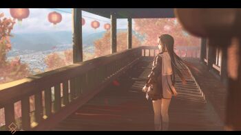 1girl absurdres black_hair black_jacket chisa_(wuthering_waves) commentary english_commentary highres jacket lantern long_hair paper_lantern qurami sailor_collar solo standing thigh_strap white_sailor_collar wind wuthering_waves