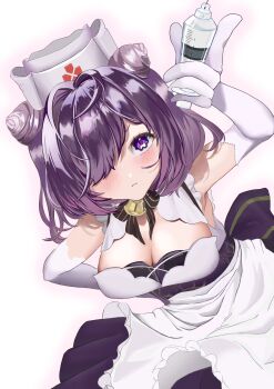 1girl absurdres apron azur_lane back_bow bell bow breasts cleavage commentary_request cone_hair_bun elbow_gloves gloves hair_bun hair_over_one_eye hat highres holding holding_syringe jervis_(azur_lane) large_breasts looking_at_viewer murasakijirushi neck_bell nurse_cap purple_eyes purple_hair short_hair solo syringe white_apron white_gloves white_hat