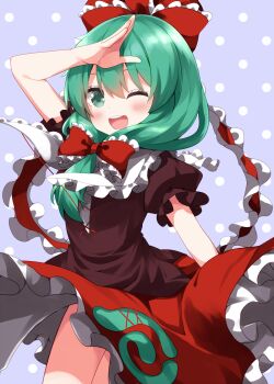 1girl ;d arm_up blush commentary_request cowboy_shot dress frilled_dress frilled_ribbon frills front_ponytail green_eyes green_hair hair_ribbon highres kagiyama_hina long_hair long_sleeves looking_at_viewer one_eye_closed open_mouth red_dress red_ribbon ribbon ruu_(tksymkw) smile solo touhou