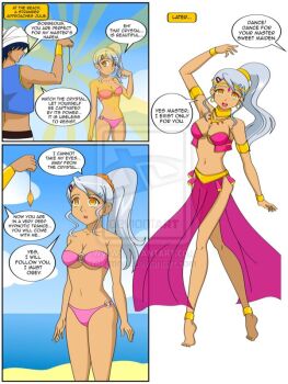 1boy 1girl anklet armlet bakugan bakugan_battle_brawlers barefoot beach bikini black_hair blue_vest bracelet breasts choker cleavage cloud collarbone comic crystal dancer dancing earrings grey_hair hair_ornament hairclip harem_outfit holding holding_crystal hypnosis jewelry jimryu julie_heyward large_breasts long_hair mind_control navel necklace o-ring o-ring_bikini ocean open_mouth pants parted_lips pelvic_curtain pink_bikini ponytail sand scrunchie short_hair side_ponytail sky smile speech_bubble swimsuit teeth tiptoes turban underboob vest water white_background white_pants yellow_eyes