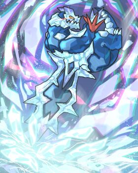 absurdres autobottesla baxcalibur blue_skin claws colored_sclera colored_skin dragon fangs highres ice mega_baxcalibur mega_pokemon nintendo no_humans pokemon pokemon_(creature) pokemon_focus pokemon_legends:_z-a red_claws red_eyes scales solo spines spinosaurus sword tail weapon yellow_eyes yellow_sclera