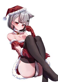 Rule 34 | 1girl, absurdres, animal ear fluff, animal ears, bare shoulders, bell, black thighhighs, blush, breasts, cat ears, cat girl, cat tail, choigoli, choker, cleavage, closed mouth, commentary request, earrings, elbow gloves, extra ears, foot out of frame, fur-trimmed choker, fur-trimmed headwear, fur trim, gloves, grey hair, hair ornament, hairclip, hand up, hat, highres, jewelry, knees up, korean commentary, mole, mole on breast, multicolored hair, neck bell, neneko mashiro, no shoes, pom pom (clothes), red choker, red eyes, red gloves, red hair, red hat, red streaks, santa hat, short hair, simple background, solo, stellive, streaked hair, tail, thighhighs, virtual youtuber, white background