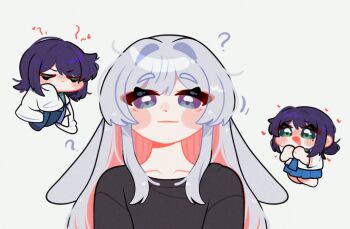 Rule 34 | 3girls, :d, ?, animal ears, black shirt, blue skirt, blush stickers, chibi, cho kaguya-hime!, closed eyes, closed mouth, commentary request, green eyes, grey hair, hehe5ya, highres, korean commentary, lab coat, long hair, looking at viewer, lop rabbit ears, miniskirt, multiple girls, open mouth, purple hair, rabbit ears, runami yachiyo, sakayori iroha, school uniform, serafuku, shirt, skirt, smile, t-shirt